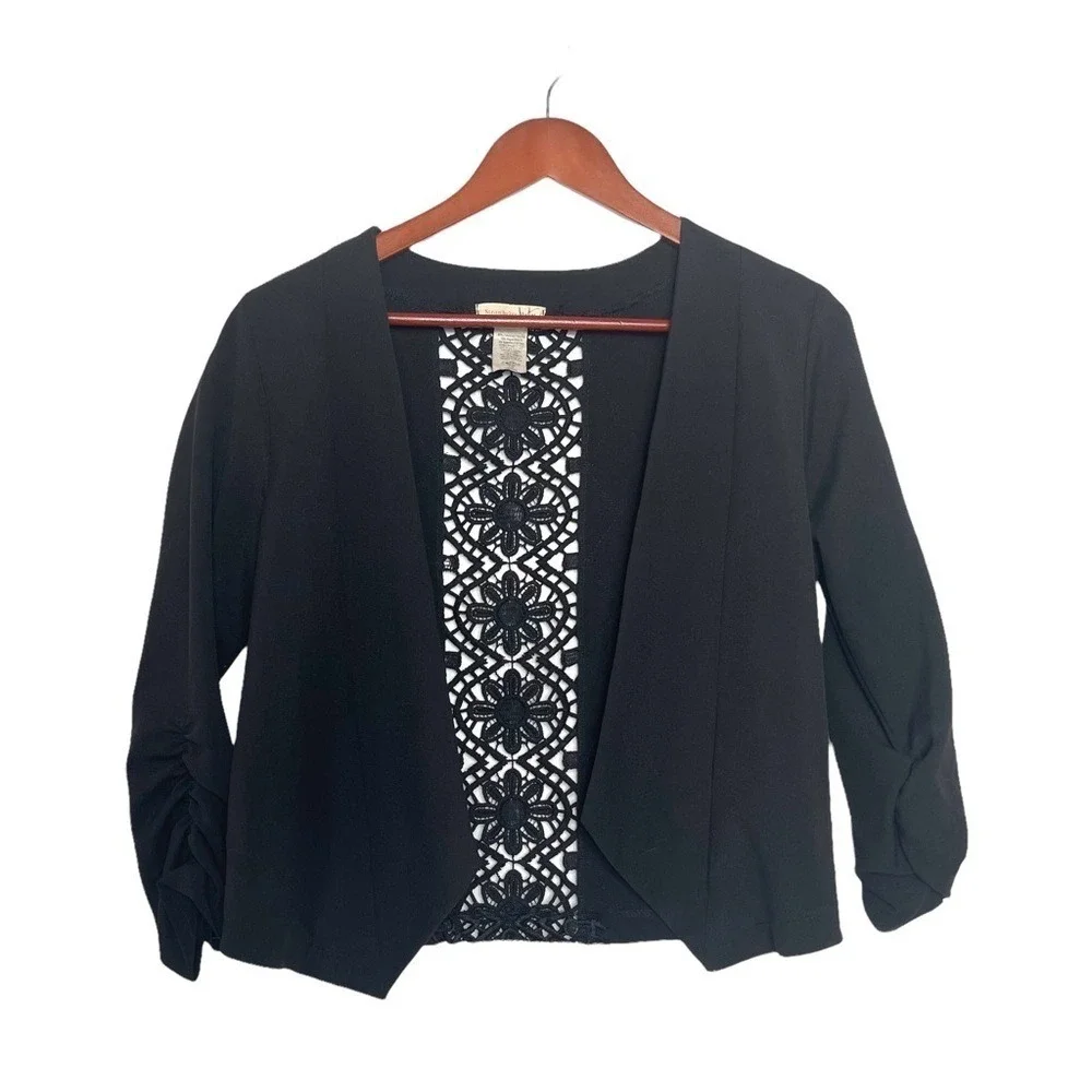 Vintage Black Open Front Lace Detail Cropped Jacket Dark Academica Romantic Edgy